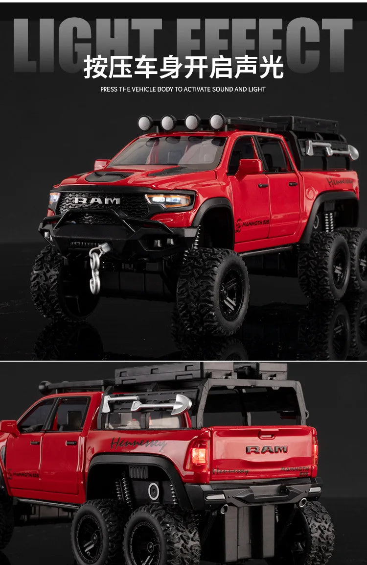 1:32 RAM 1500 TRX 6X6 Tyrannosaurus Rex Picku Alloy Car Model Sound and Light Children's Toy Collectibles Birthday gift