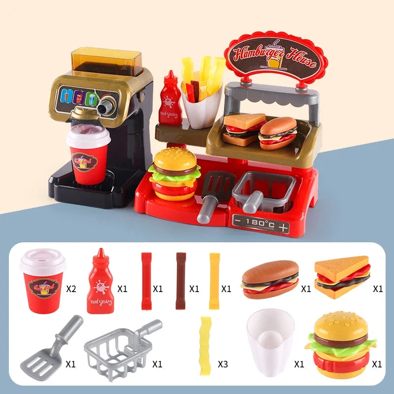 Kid Play House Game Kitchen Fast Food Restaurant Burger Fries Dessert Coffee Machine Cashier Set Mini Educational Role Play Toys